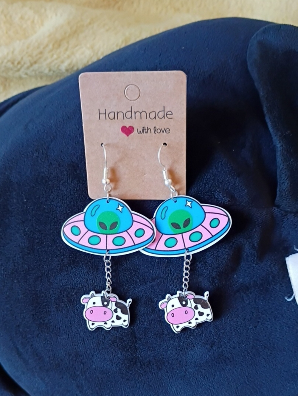 Alien UFO and Cow Dangle Earrings - Pink & Green